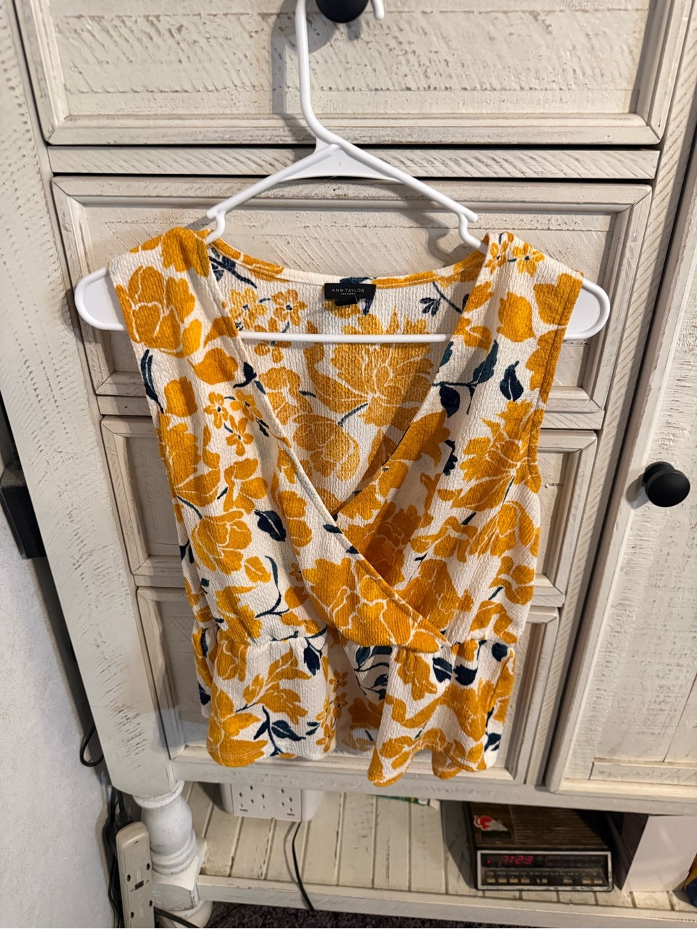Ann Taylor White and Mustard Floral Wrap Sleeveless Top